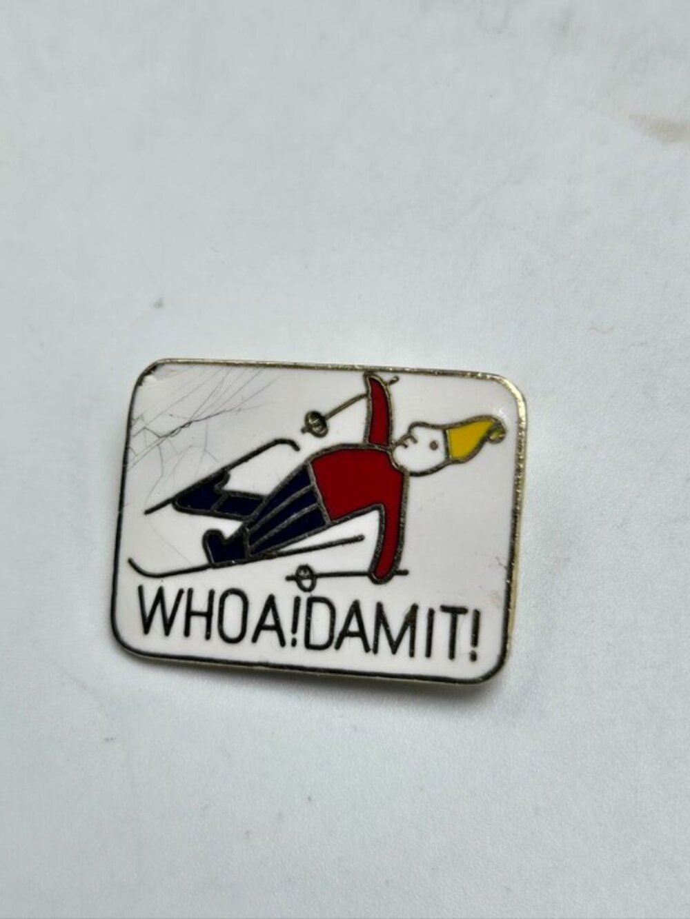 70's Whoa! Damn It! Ski Lapel Pin Funny Souvenir Skiing Pinback Costume Fashion